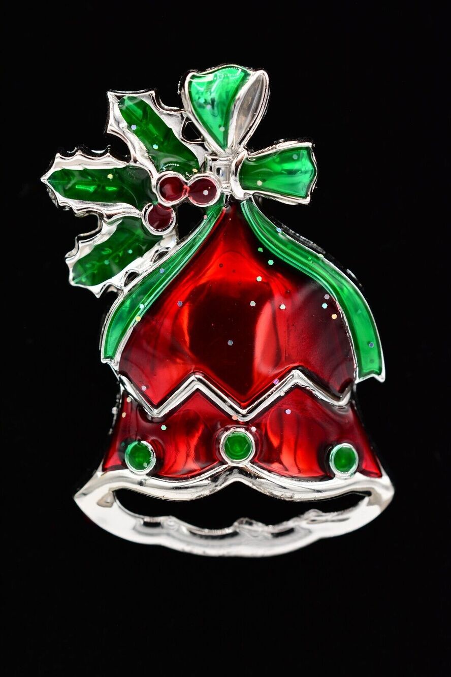 Christmas Bell Pin Brooch Red Green Enamel Glitter Holiday Lightweight BinAJ